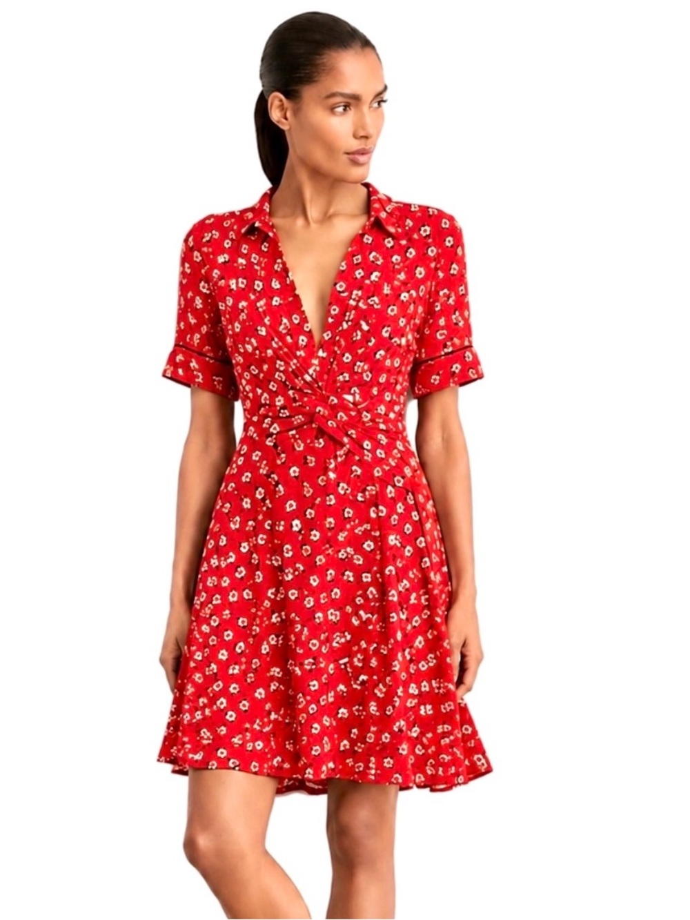 NWOT GANNI Lightweight Twist-Front Mini Dress in Red Floral - Size EU 34/US 2
